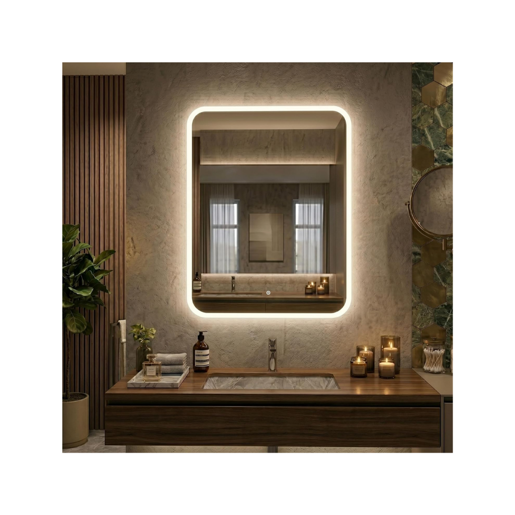 Bathroom Mirror with LED Lights – Dimmable Light Up Vanity Mirror with Anti-Fog, Touch Sensor, 3 Colour Temperatures, Make Up & Shaving Mirror – IP44 Water Resistant (Clear View Edge)