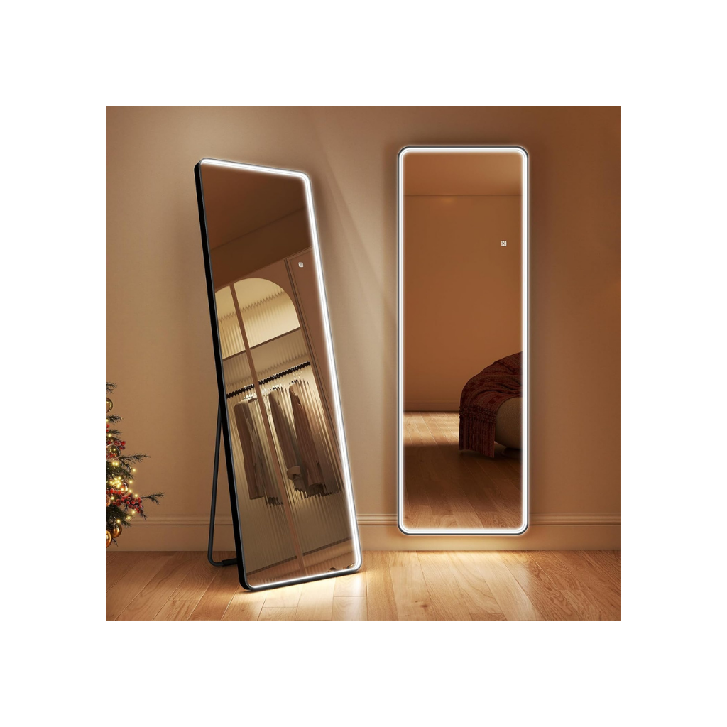 S'bagno LED Full Length Mirrors 160x50 cm, Iron Frame, Free Standing Mirror Full Length Dimming & 3000-6500K & Memory Function, Reinforced Glass, Large Leaning Long Mirror for Cloakroom, Black