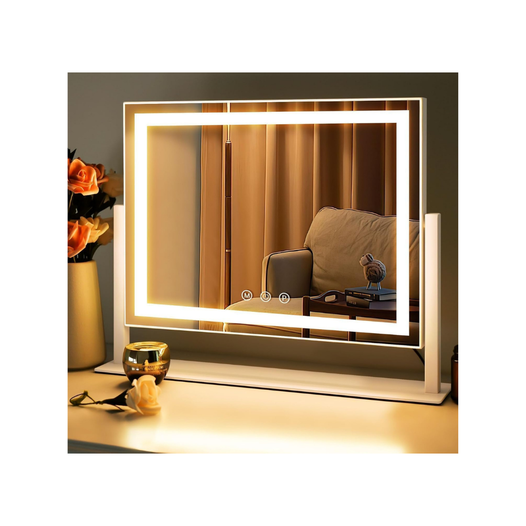 Vanity Mirror with Lights, 40 x 30cm LED Makeup Mirror,Freestanding Light Up Vanity Mirror with 3 Colors Dimmable, Touch Sensor, Round 3.5" 15X Spot Magnifying, 360 Rotation (White)